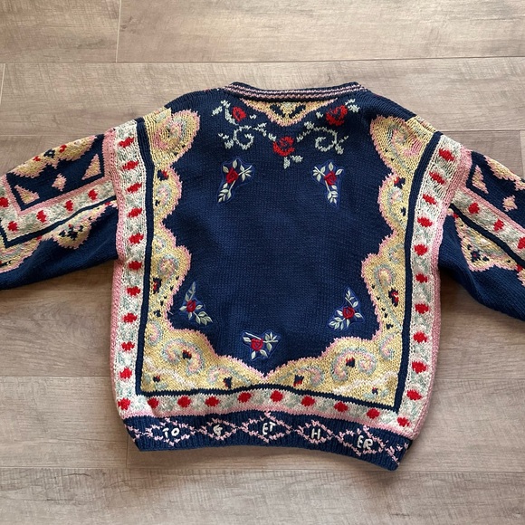 90s Together! Sweater Blue Yellow Knit Embroidered Button Up Cardigan - Picture 12 of 14